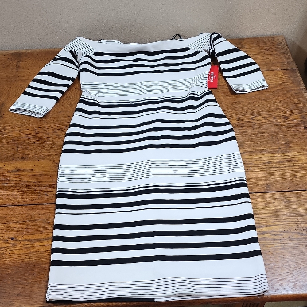 NWT Bold Elements White Black Stripe Off The Shoulder 3/4 Sleeve Body Con Dress